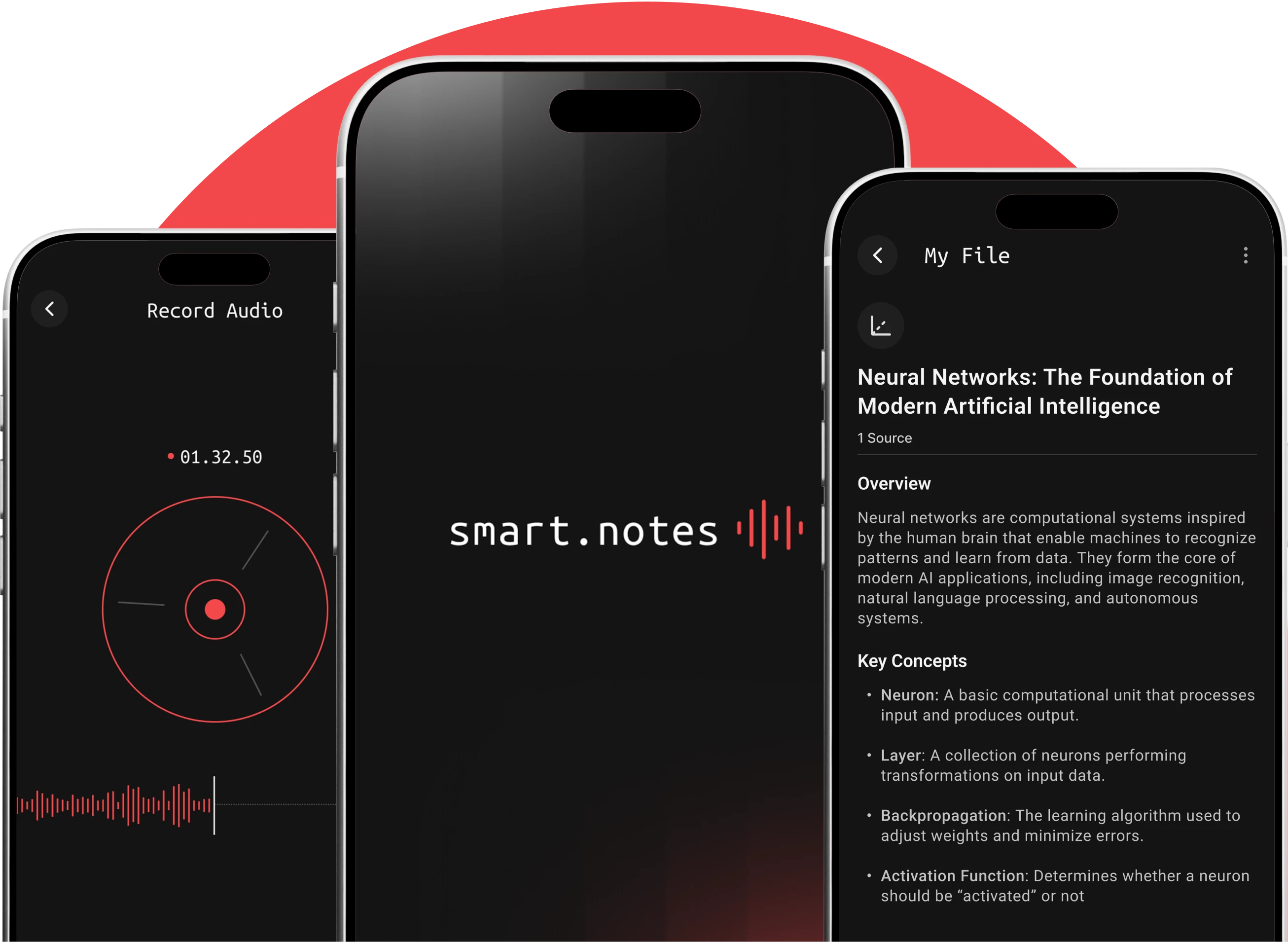 Smart.Notes app interface displaying audio recording and note-taking features.